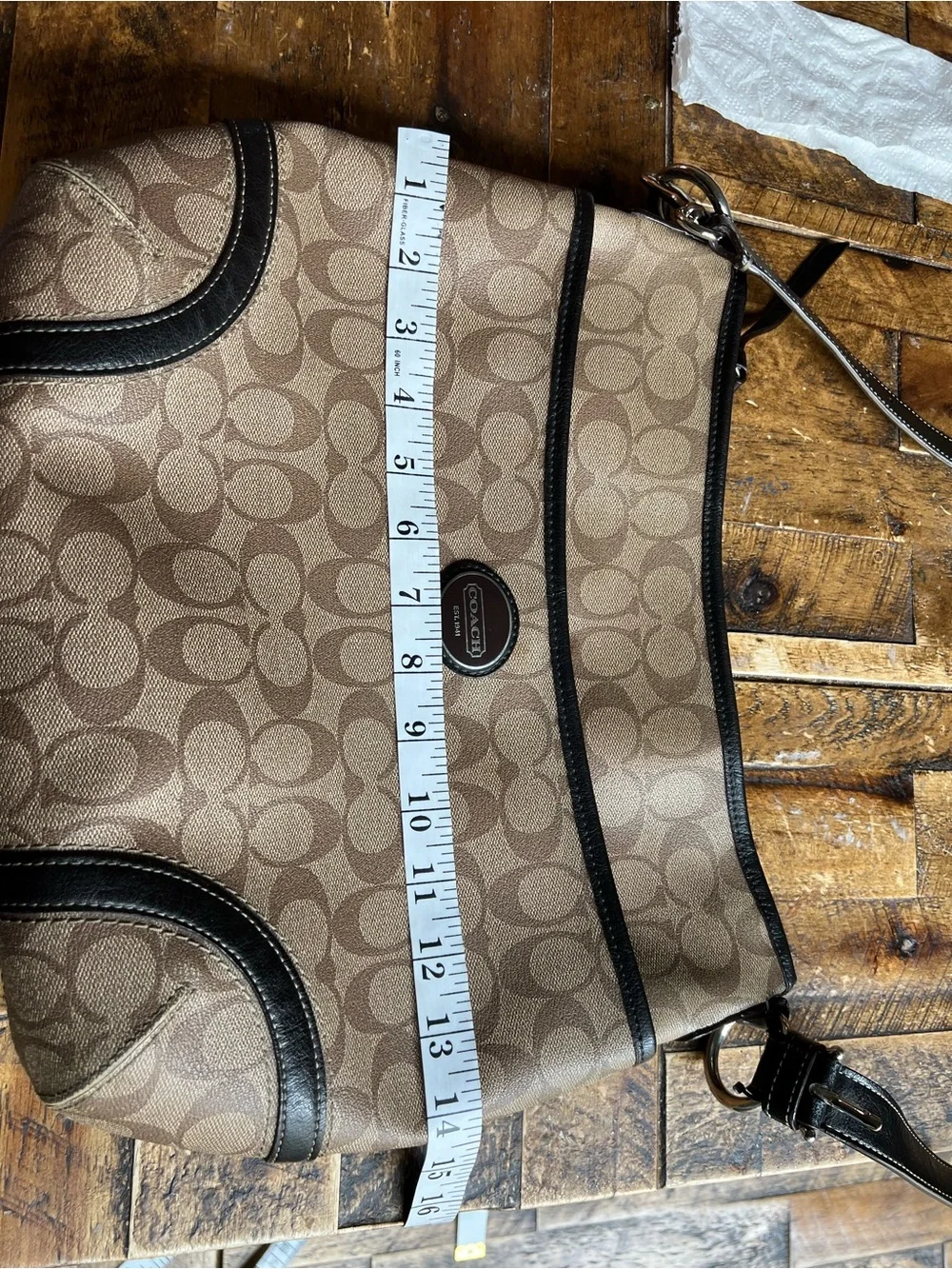 Coach Brown Monogram Crossbody Bag with Black Trim